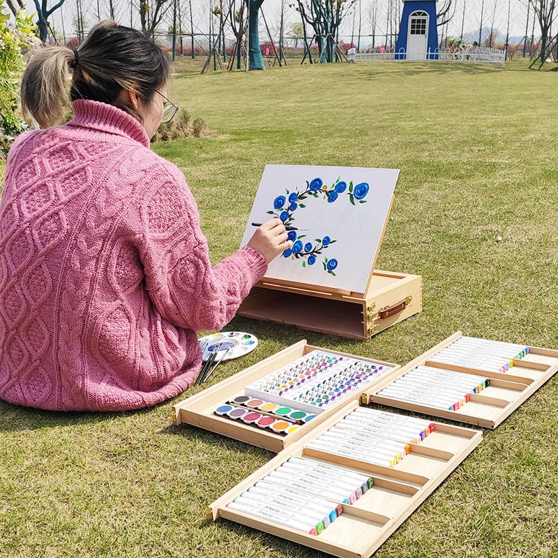 三层榉木制抽屉式画架桌面台式收纳夹素描写生油画水粉彩木质可提