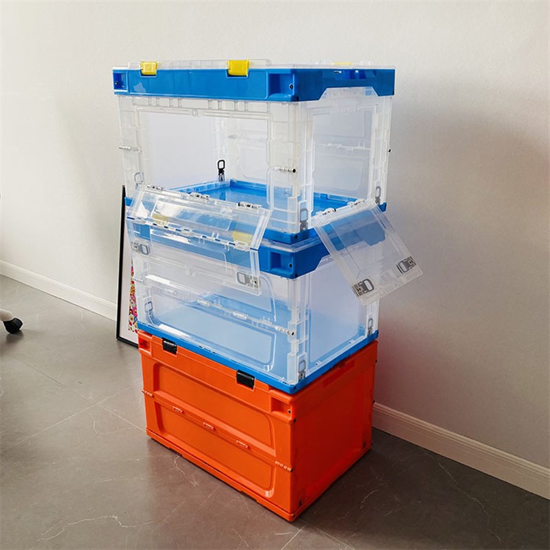 透明带盖侧开门塑料折叠收纳箱子物流折叠周转箱车载家用储物胶箱