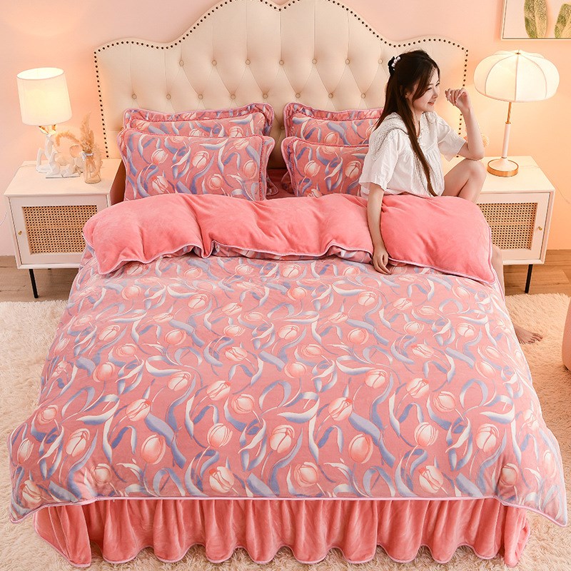 牛奶绒四件套床裙款加厚双面绒被罩保暖加绒被套毛绒冬季床上用品