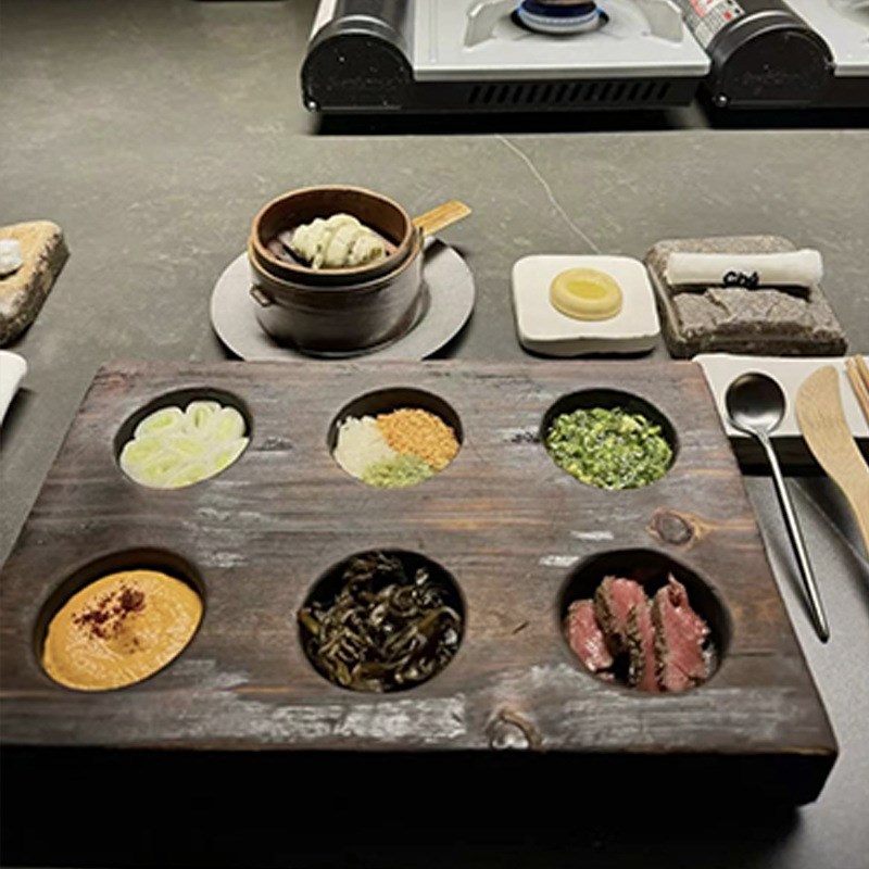 位上木制正方盛器盘子西餐厅打孔木碟分子料理餐具盒四格餐具新款