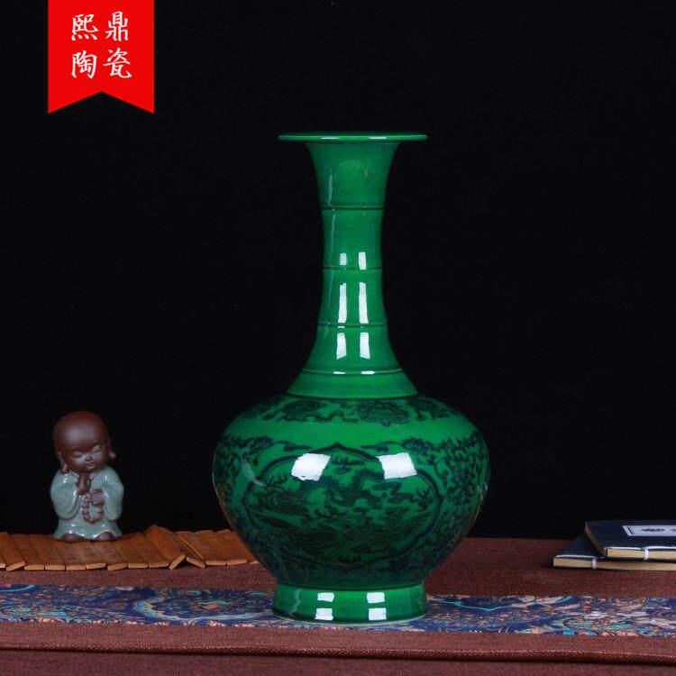 景德镇陶瓷工艺品 仿古翡翠绿陶瓷花瓶 家居时尚复古摆件
