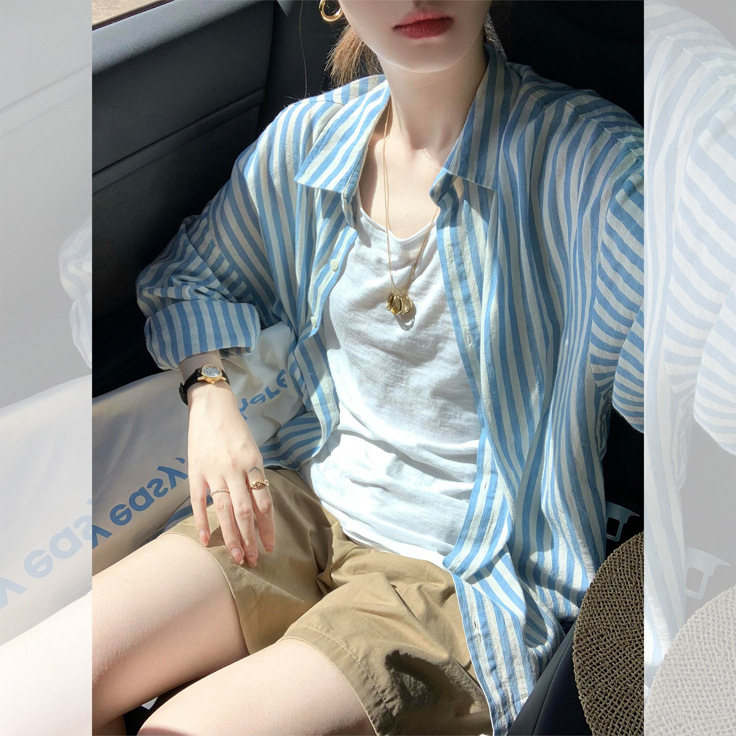 撞色条纹慵懒风宽松翻领长袖衬衣