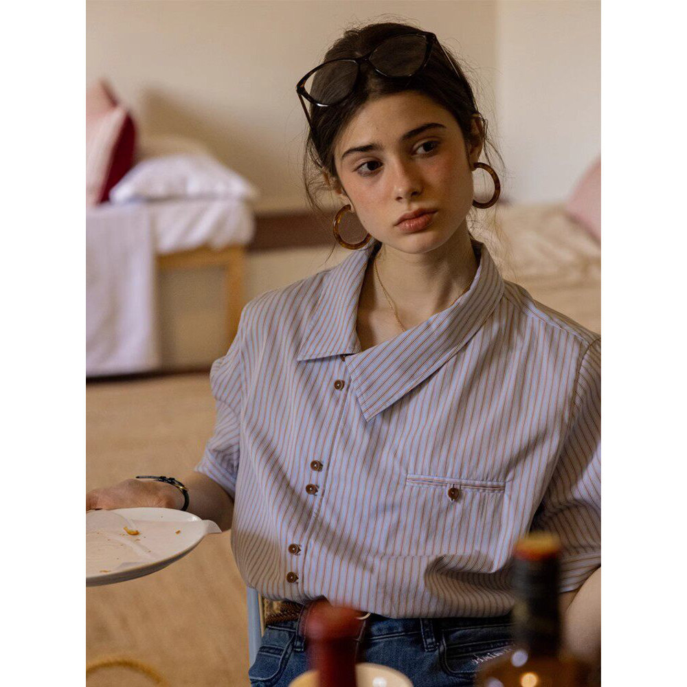 法式复古斜襟领竖条纹衬衫女夏季高级感短袖衬衣通勤气质百搭上衣