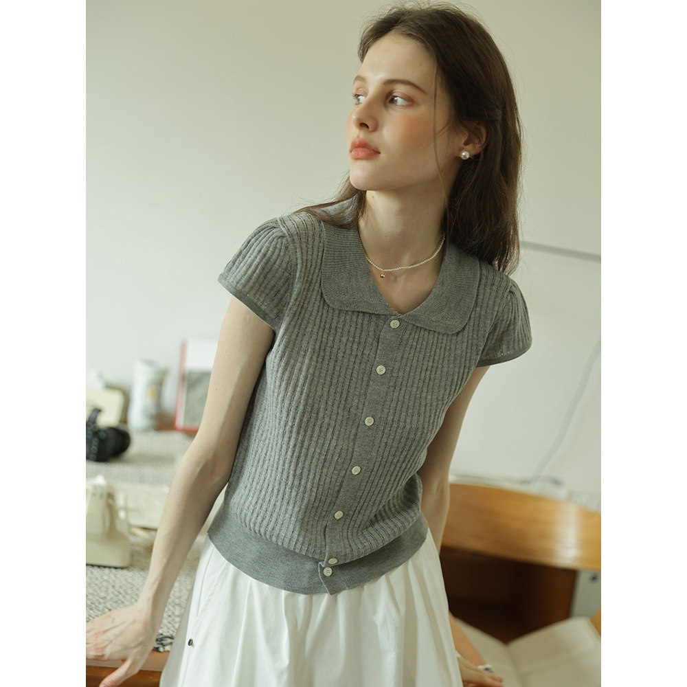 法式气质娃娃领短袖针织开衫女夏季薄款冰丝高级感小飞袖正肩上衣