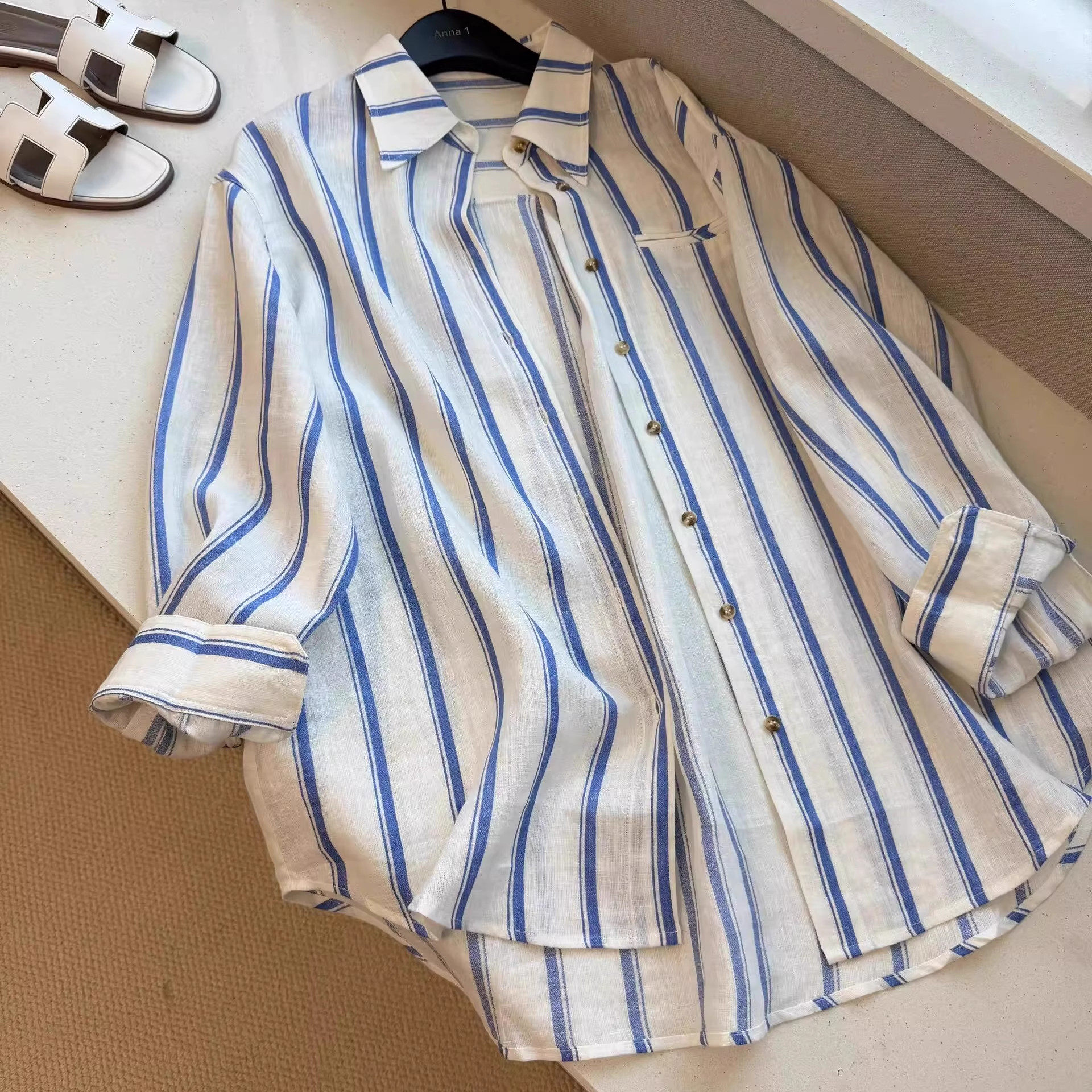 法式蓝白条纹polo领长袖衬衫女春夏老钱度假风宽松显瘦防晒衬衣薄