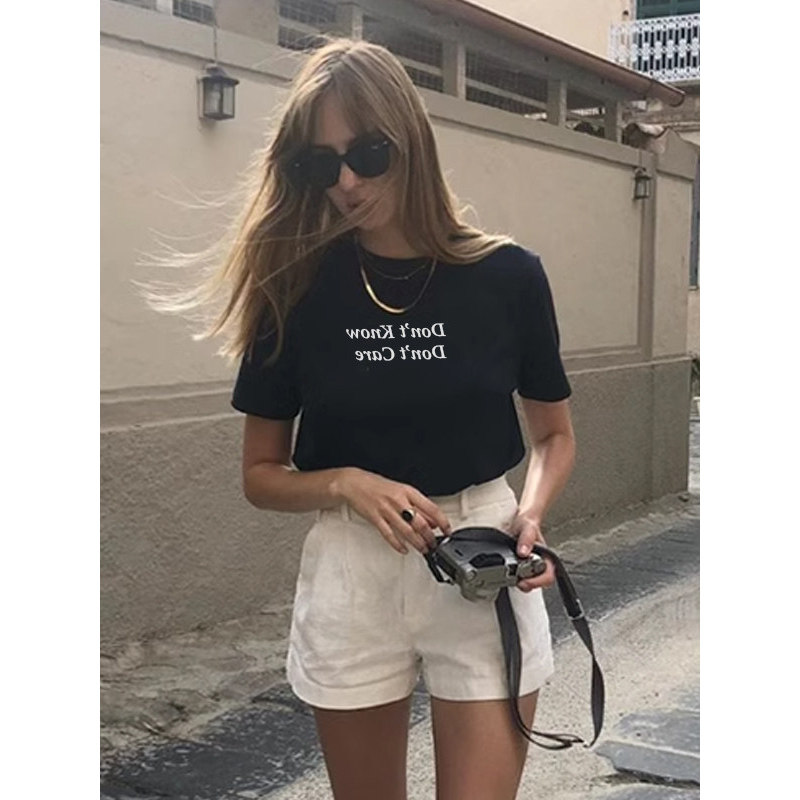 美式简约黑色字母印花短袖t恤女夏季宽松休闲设计感薄款正肩上衣