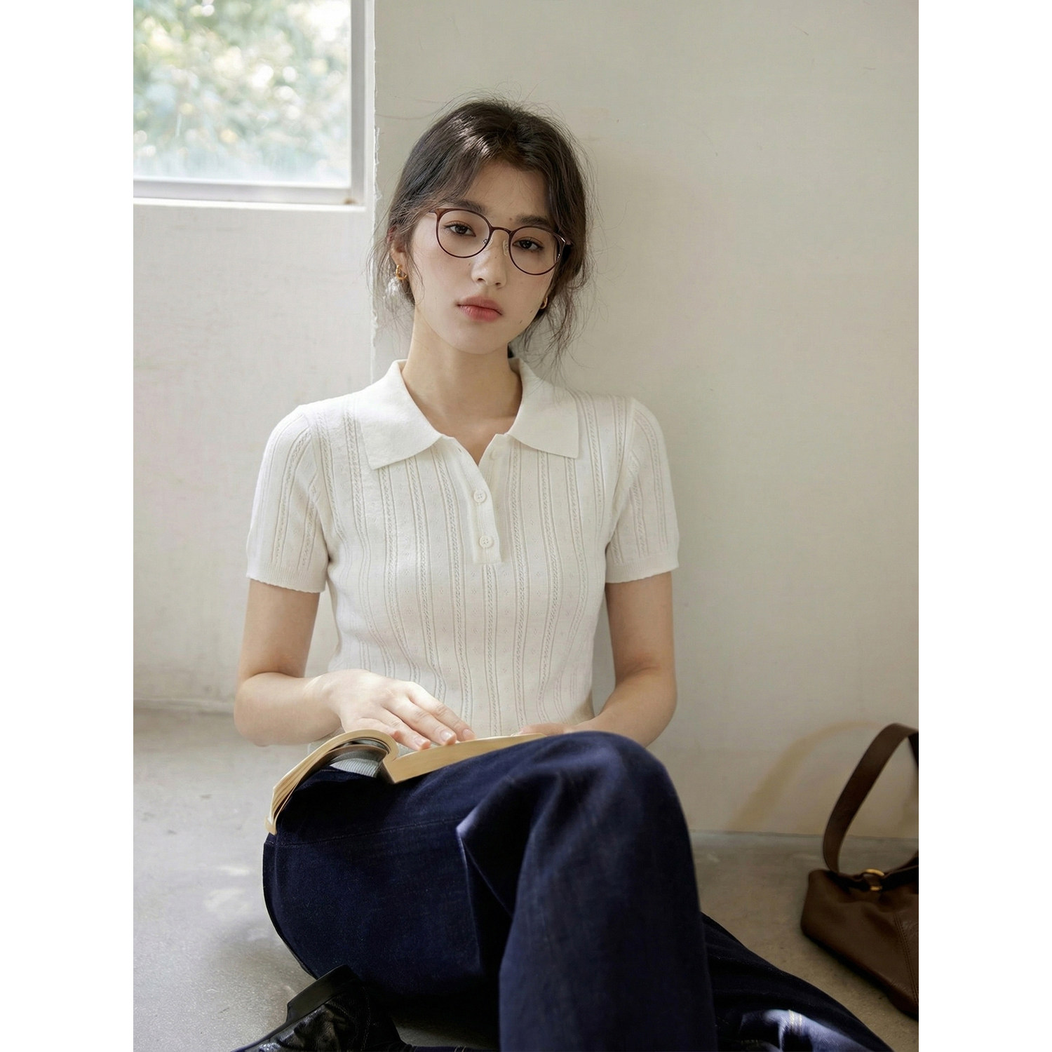 法式高智感冰丝polo领短袖针织t恤女夏季通勤修身显瘦正肩上衣薄