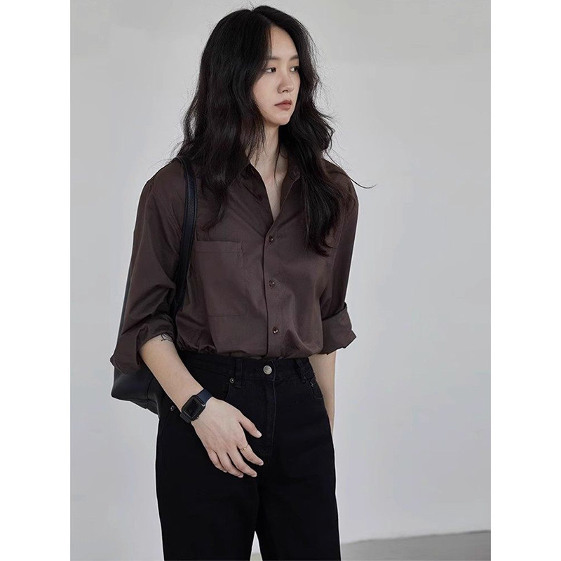 法式复古棕色长袖衬衫女2026春季穿搭高级感轻奢减龄洋气衬衣上衣