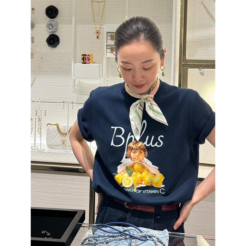 美式柠檬印花高级感薄款短袖体恤
