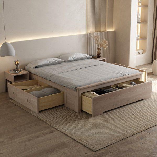 北欧主卧带抽屉储物实木床高箱床现代简约榻榻米床白蜡实木双人床