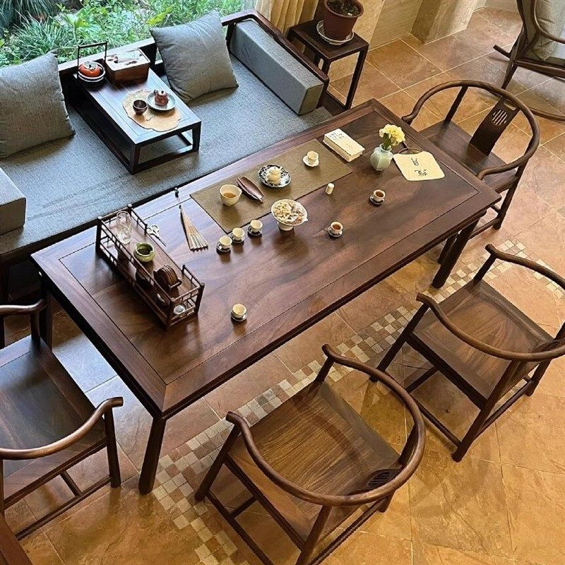 新中式黑胡桃木i茶桌椅组合茶桌宋氏简约美学实木泡禅意茶室茶台