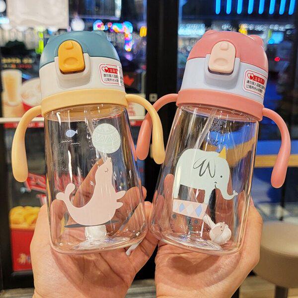 可爱儿童tritan吸管杯带手柄宝宝幼儿园便携带提绳奶嘴水杯多功能