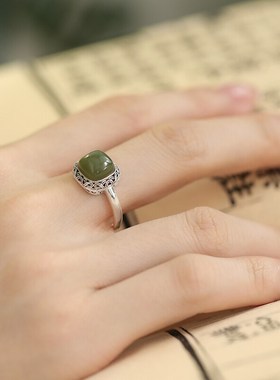 925银复古新中式唐草纹方形戒指环F开口调节和田碧玉轻奢简约高级