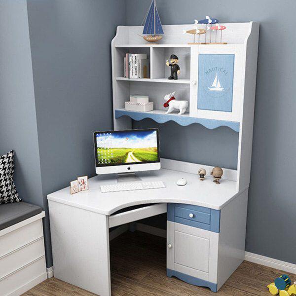 粉色实木儿童转角书桌带书架书柜一体组合家用直角写字桌电脑桌