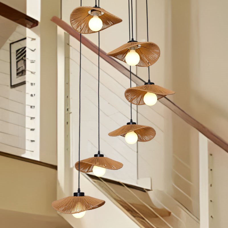 复古日式侘寂风胡桃木复式loft公寓客厅跃L层挑空楼梯间转角长吊