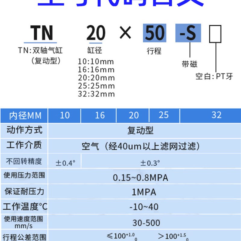 亚德客tn双轴气缸TN10/16/20/25*10x15x20x25/30x35x40x45x50x75s