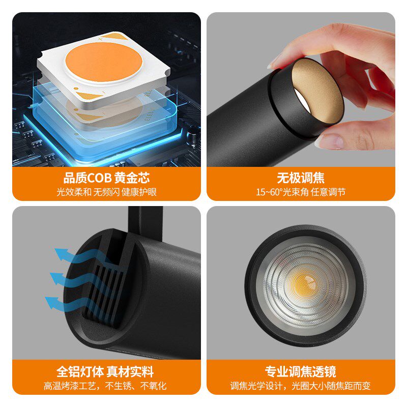 欧奔全光谱变焦可调焦轨道射灯led灯店铺商用聚光明装吸顶餐厅灯