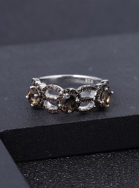 逆袭系列 茶晶镶嵌宝石戒指925银 男女戒指潮人时尚风 网红饰品