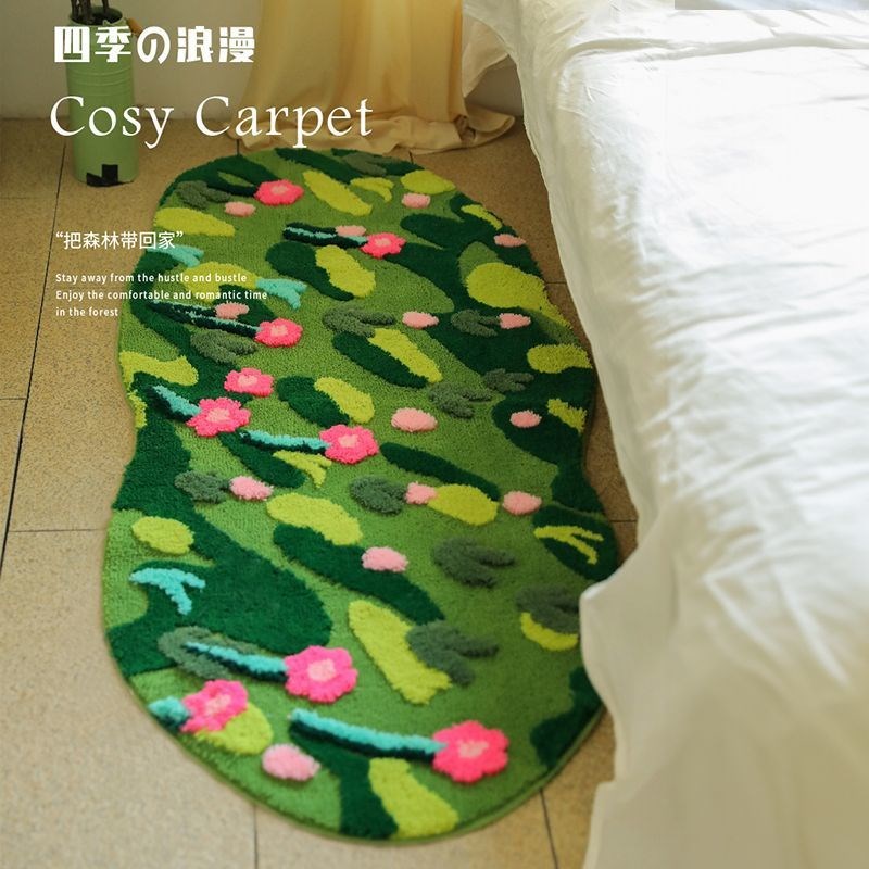 植绒地毯小清新绿色草地加厚卧室床边地毯家用沙发茶几防滑地毯