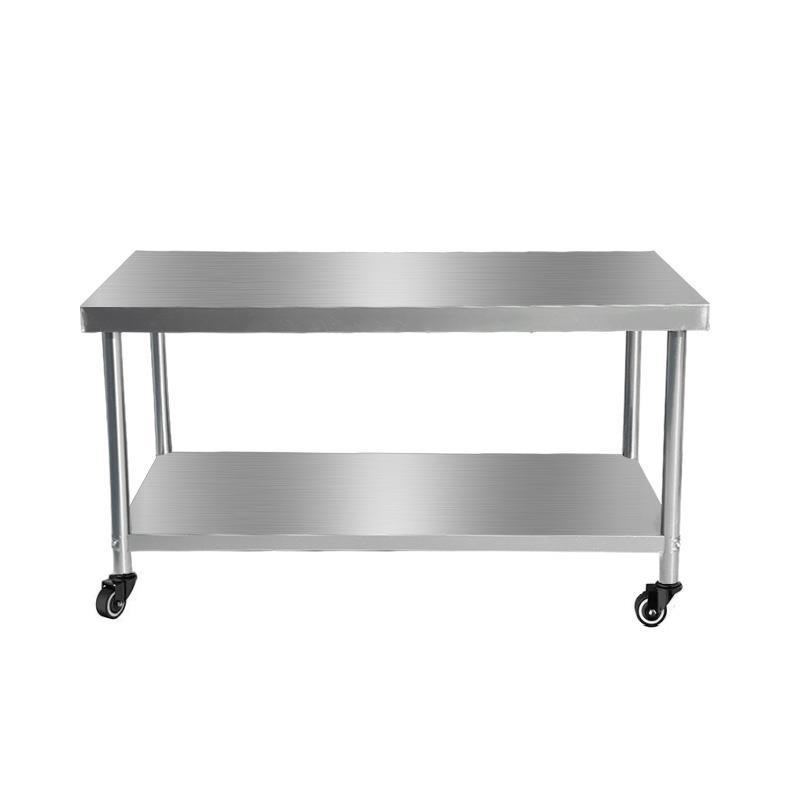 加厚不锈钢移动工作台带轮厨房置物架双层微波炉架收纳桌餐具烤箱