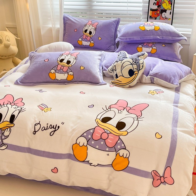 迪土尼加厚牛奶绒四件套冬季双面绒卡通保暖珊瑚绒床上三件套床笠