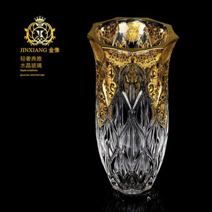 水晶玻璃花瓶 客厅插花摆件 加厚玻璃容器 描金轻奢欧式落地花瓶