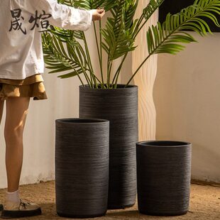 北欧落地黑色大花盆陶瓷摆件中式简约陶罐客厅酒店装饰品粗陶瓷瓶
