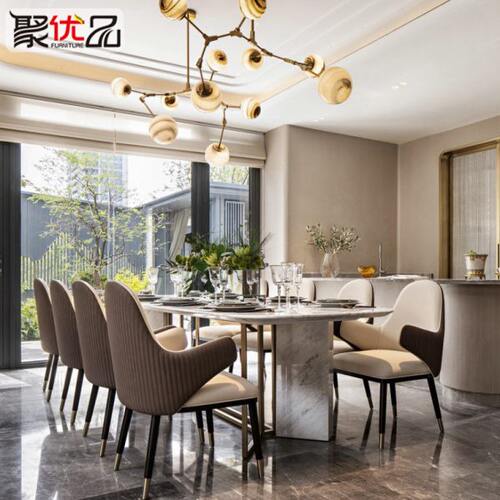 现代轻奢大理石餐桌港式不锈钢方形网红餐桌椅样板房一桌六椅定制