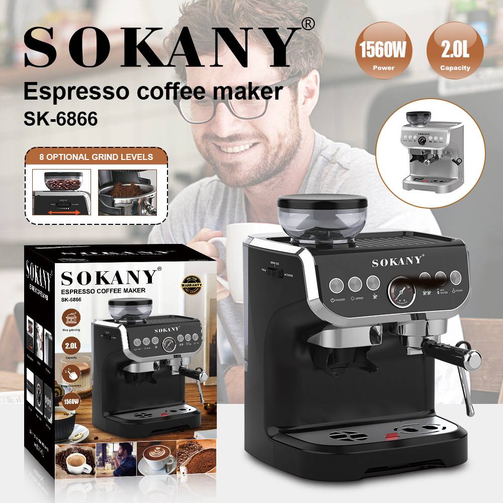 外贸SOKANY6866意式咖啡机研磨蒸汽 20bar Espresso coffee Maker