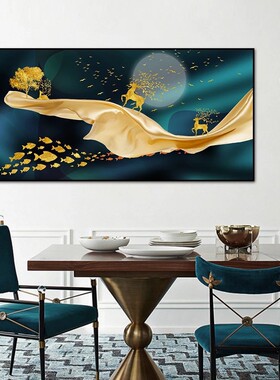 高清单幅抽象金色的麋鹿和树木油画客厅装饰画 壁画横款卧室挂画