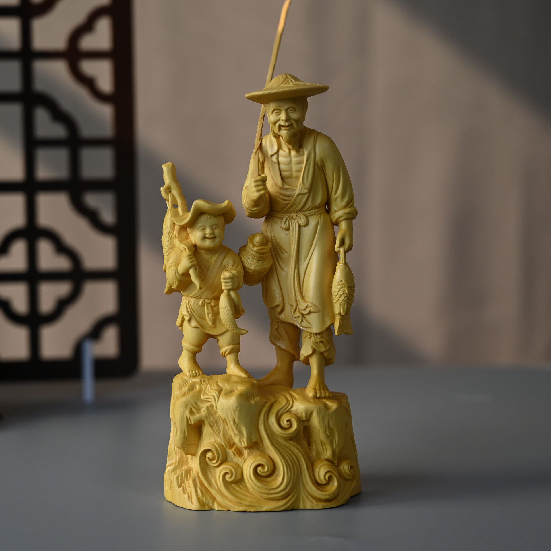 黄杨木摆件鱼翁得利满载而归木雕工艺品办公摆饰手工雕刻文玩礼品