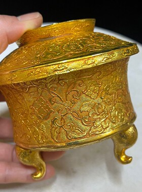 复古锌合金鎏金缠花飞鸟纹三足盖碗仿古做旧摆件金属工艺品老物件