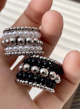 复古多层缠绕金属圆珠球珍珠手工指环戒宽版M食指戒夸张指环潮戒