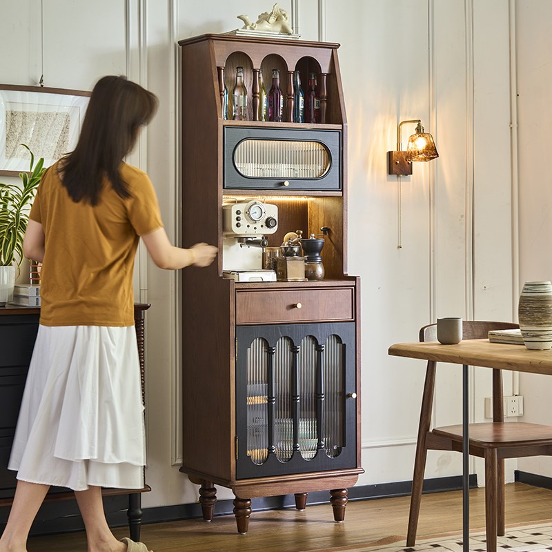 法式中古风酒柜展示柜客厅一体靠墙D餐边柜家用窄边高柜实木茶水