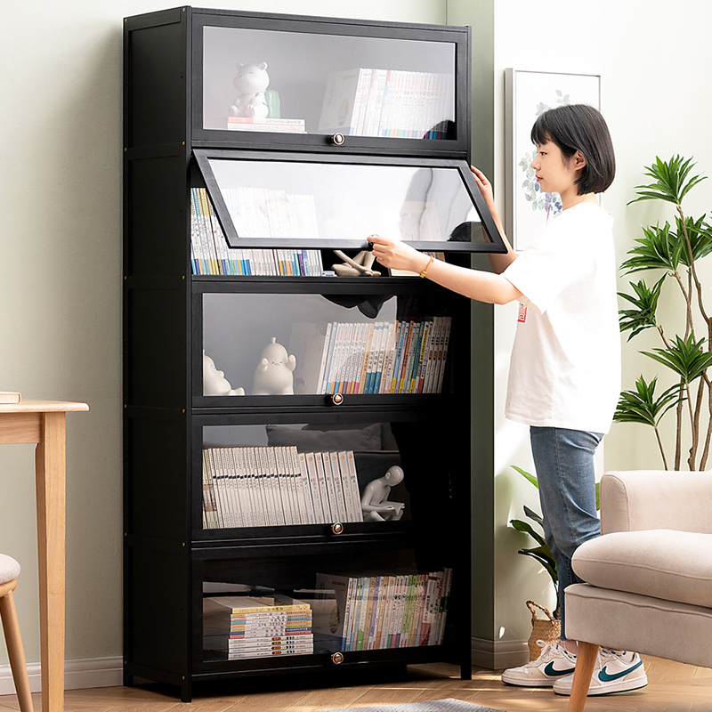 书柜现代简约带门防尘格子柜实木书架H窄柜落地立柜置物储物柜组