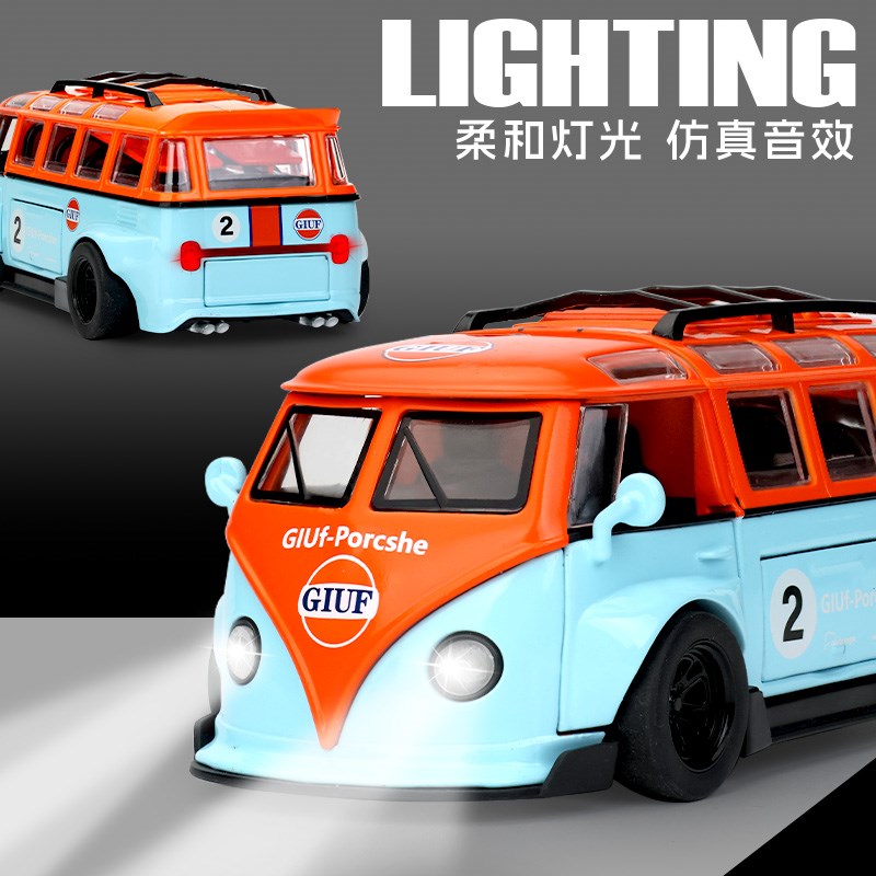 新款1:32大众T1巴士合金声光汽车模型车内摆件拼装男孩玩具车礼物