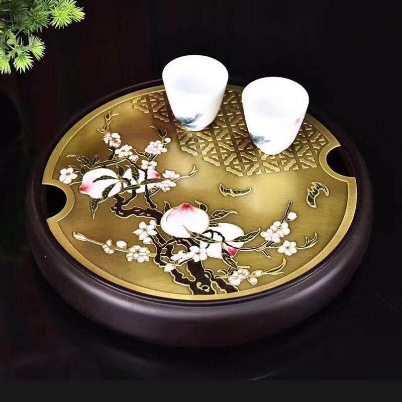 黑檀木嵌铜彩工艺福寿双全茶盘家用功夫茶具实木茶海储水托盘茶台