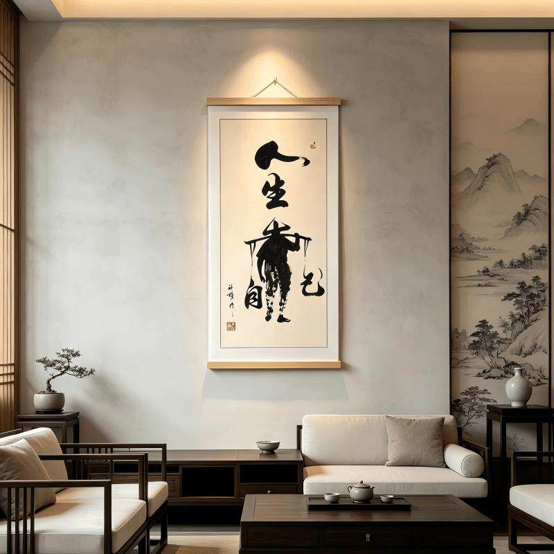 【人生靠自己】新中式书法挂画茶室办公室玄关客厅背景墙挂画筒装