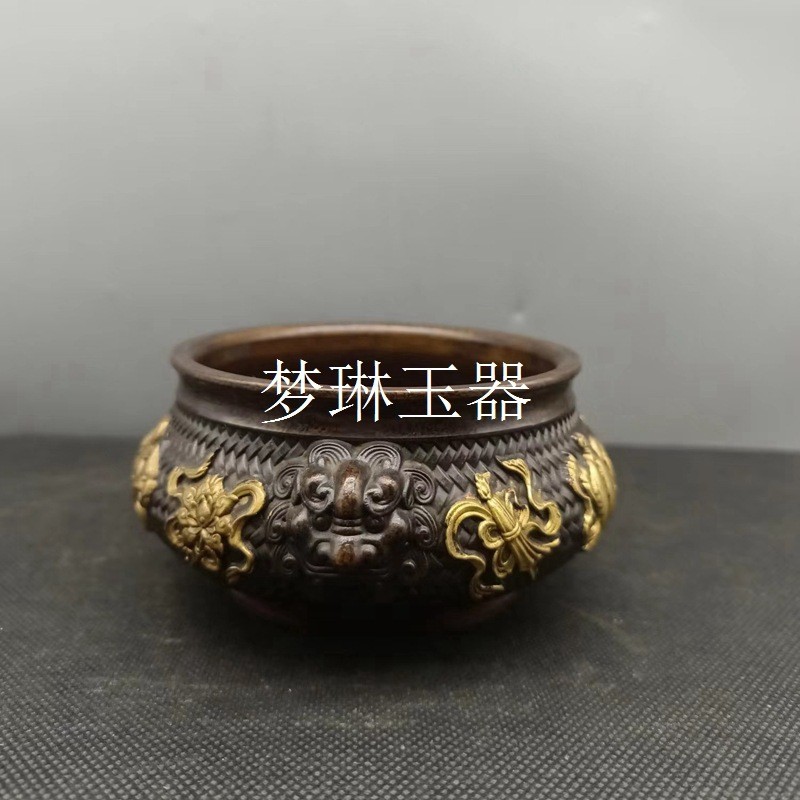 仿古鎏金黄铜八宝聚宝盆虎头香炉聚宝盆烟灰缸客厅办公室摆件