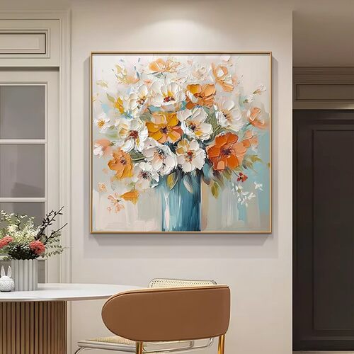 手绘油画美式餐厅挂画轻奢法式玄关装饰画现代风客厅肌理花卉壁画