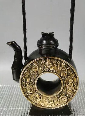 厂家 铜鎏金空心八仙过海八宝扁提梁壶水壶茶壶茶具家居摆件