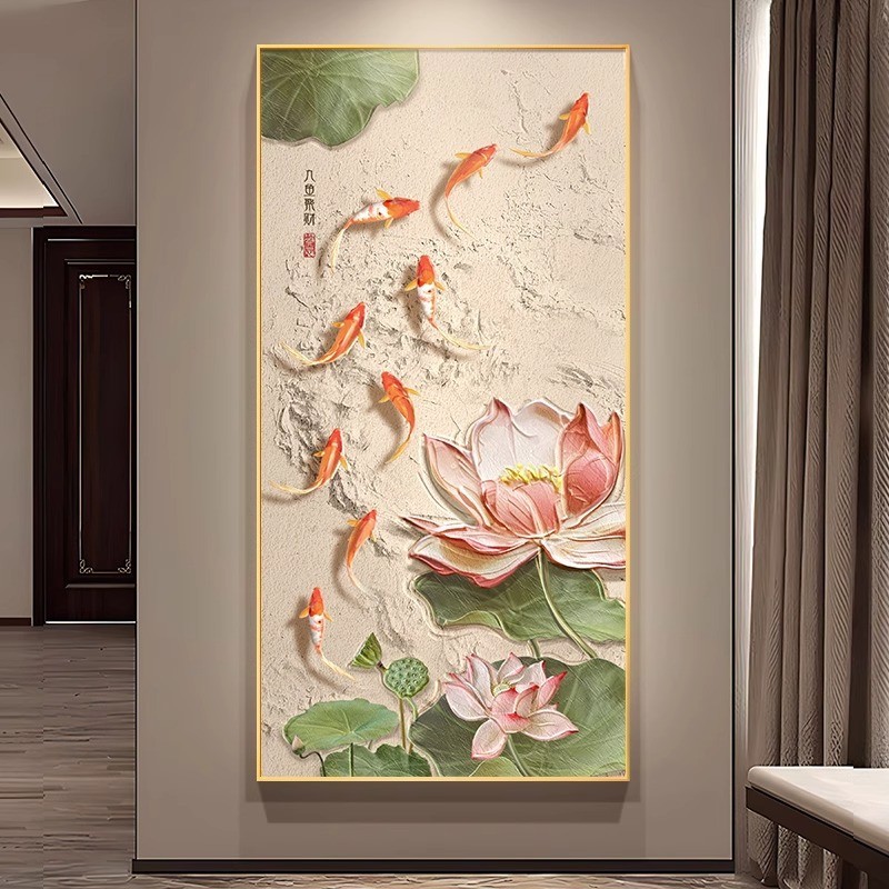 九鱼图玄关手绘油画大芬村油画荷花入户门寓意好荷花纯手绘装饰画