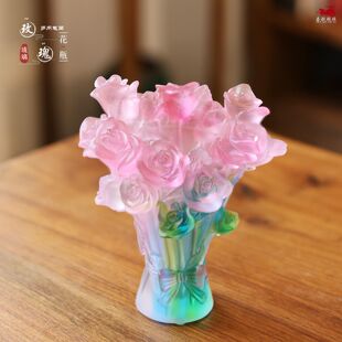 琉璃郁金香花瓶玫瑰花瓶笔筒客厅装饰摆件仿真鲜花书房插花工艺品