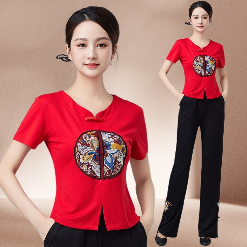 夏季广场舞服装新款演出服国风舞蹈服套装夏天短袖跳舞专用衣服棉