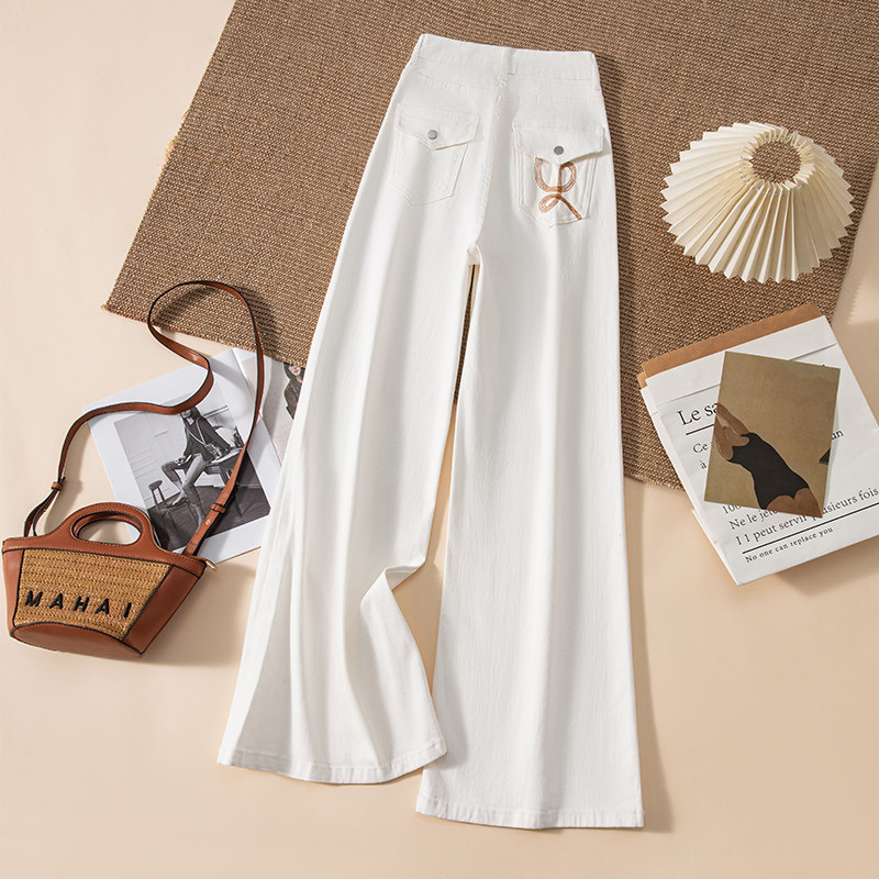 白色梨型阔腿牛仔裤女2026春装新款加绒后袋翻盖刺绣米白色喇叭裤,女装/女士精品,牛仔裤,淘宝优惠券,粉丝福利购,淘宝优惠卷