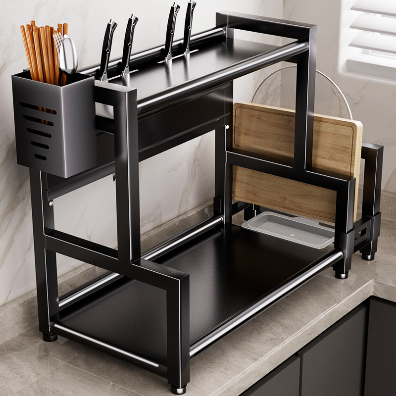 厨房置物架不锈钢刀架筷子调味用品收纳架台面多层黑色调料架家用