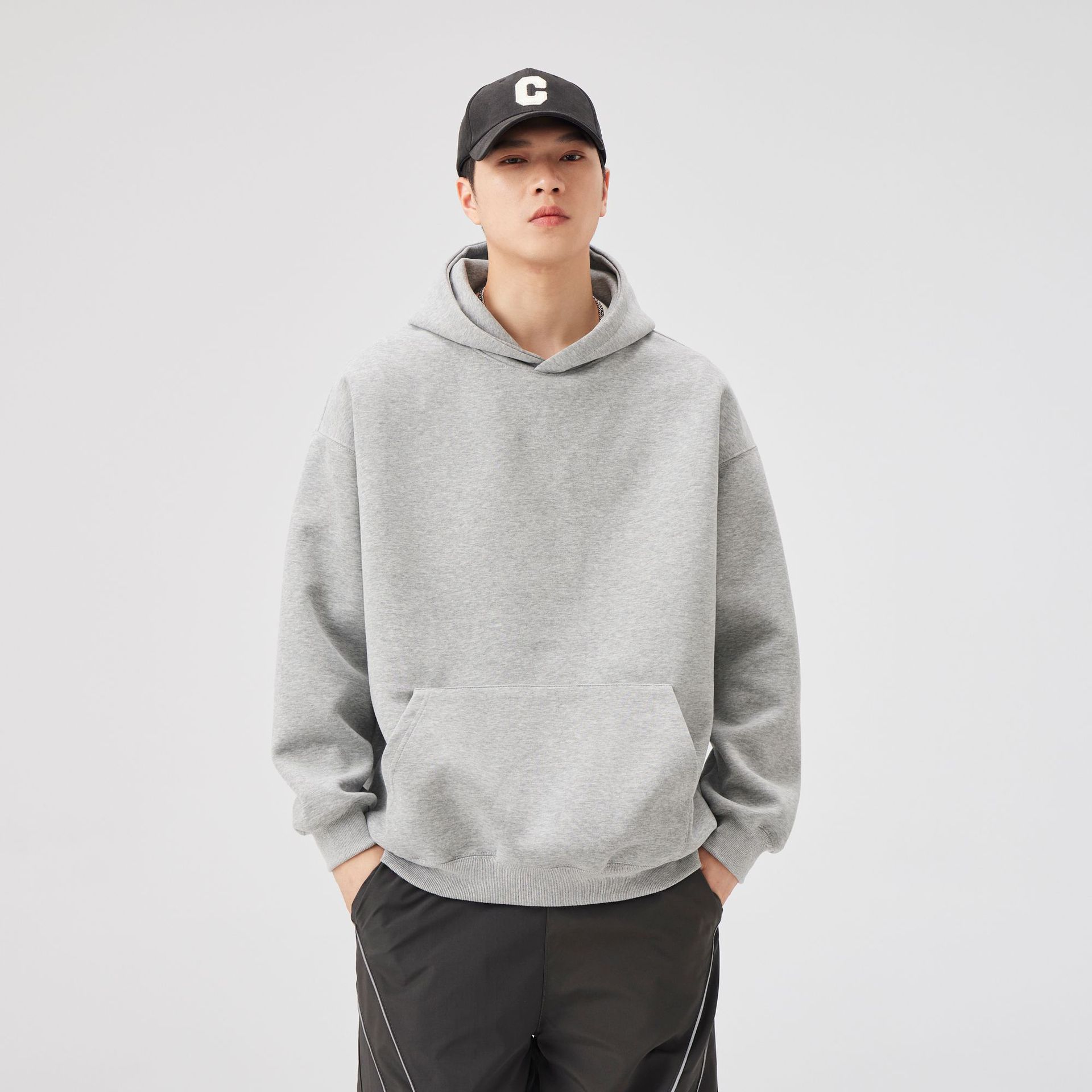 LKTM男装#秋冬季美式重磅硬挺纯色连帽卫衣男女情侣款百搭连帽衫