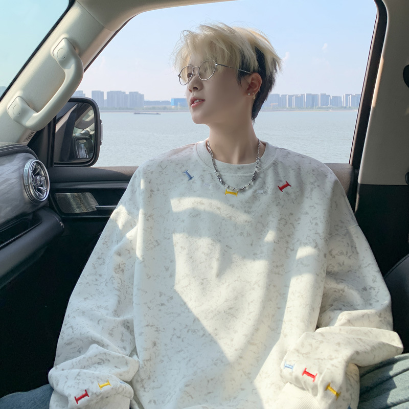 扎染彩色刺绣圆领卫衣男春秋季青少年潮流百搭宽松休闲长袖T恤衫