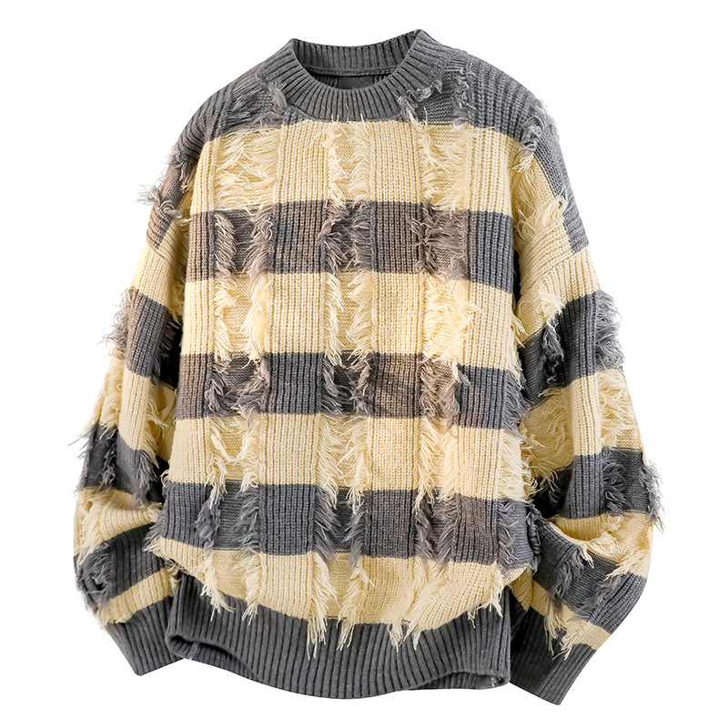 oversize黄灰撞色条纹流苏毛衣女秋冬慵懒风宽松毛绒边针织衫上衣