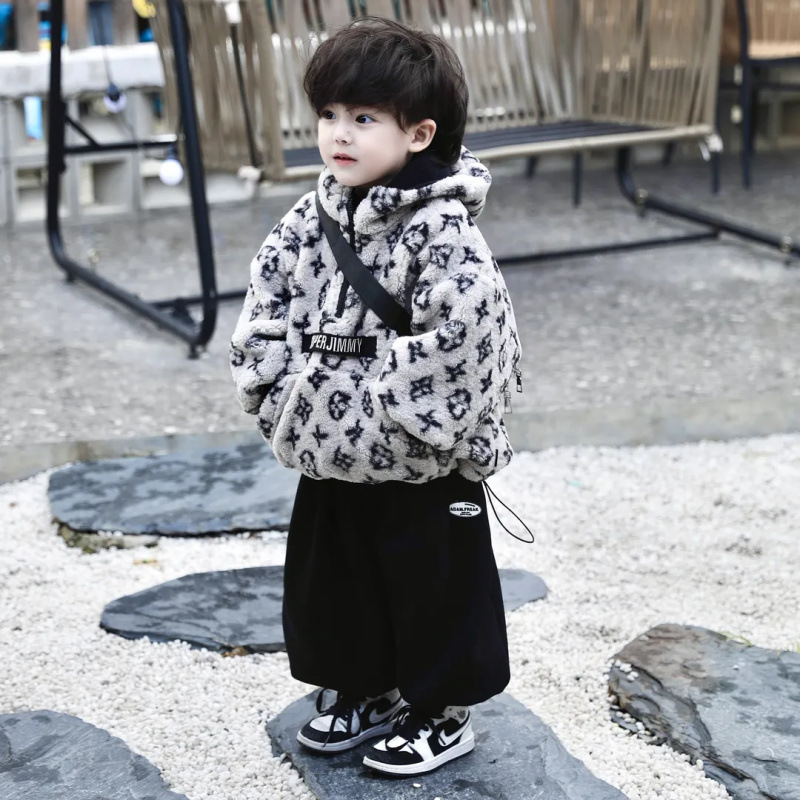 加绒卫衣男童2024冬季新款韩版儿童双层加绒加厚套头外套连帽上衣